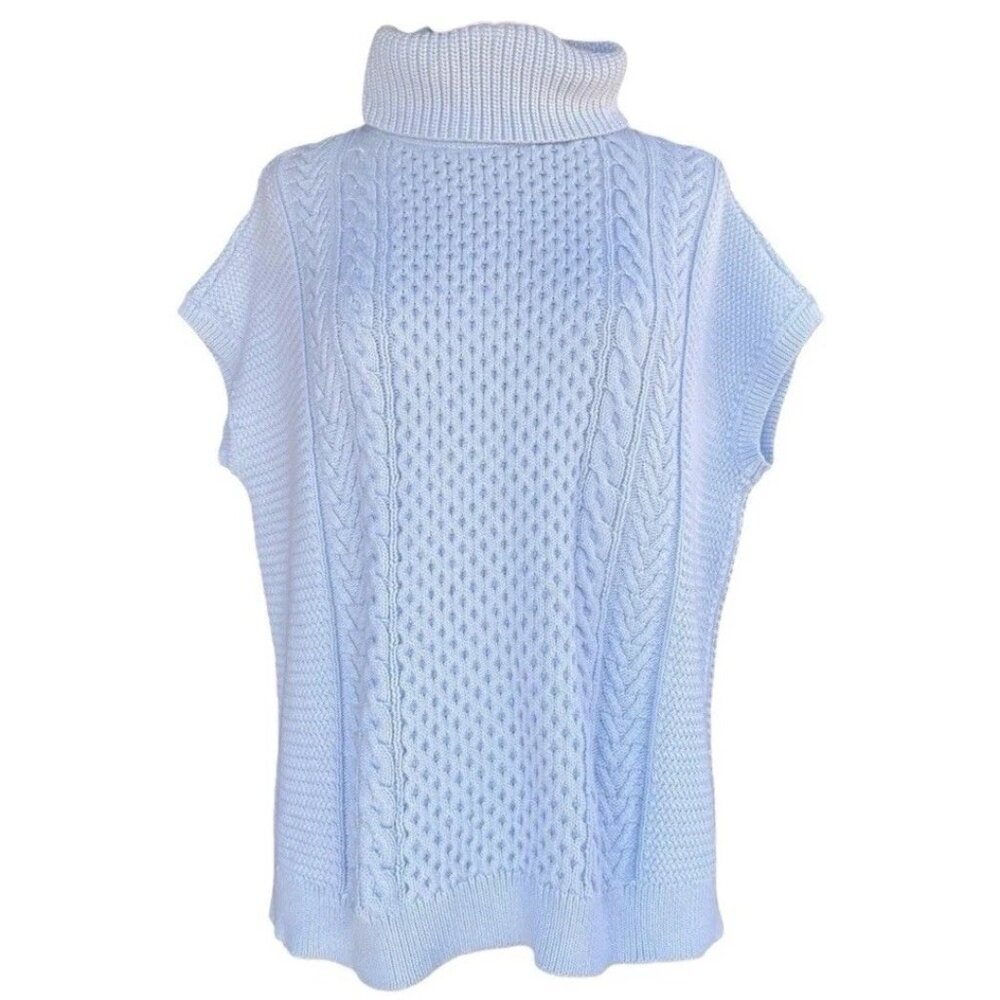 New Lilla P Turtleneck Cowl Cable Knit Boxy Sweater Top Pastel Blue Size M/L